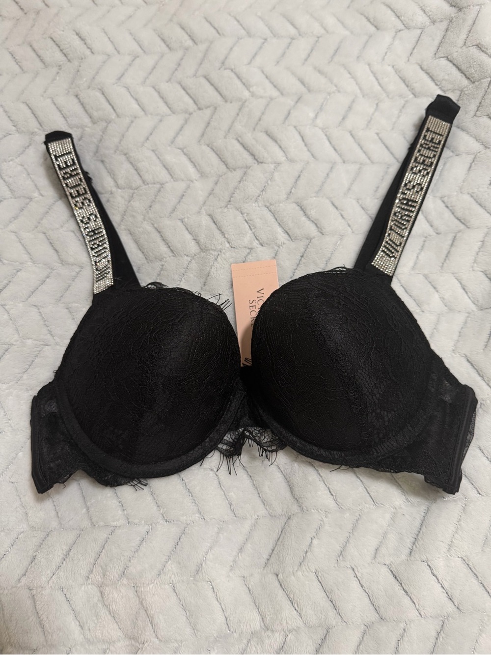 Victoria's Secret Black Lace Push-Up Bra with Rhinestone Logo Straps